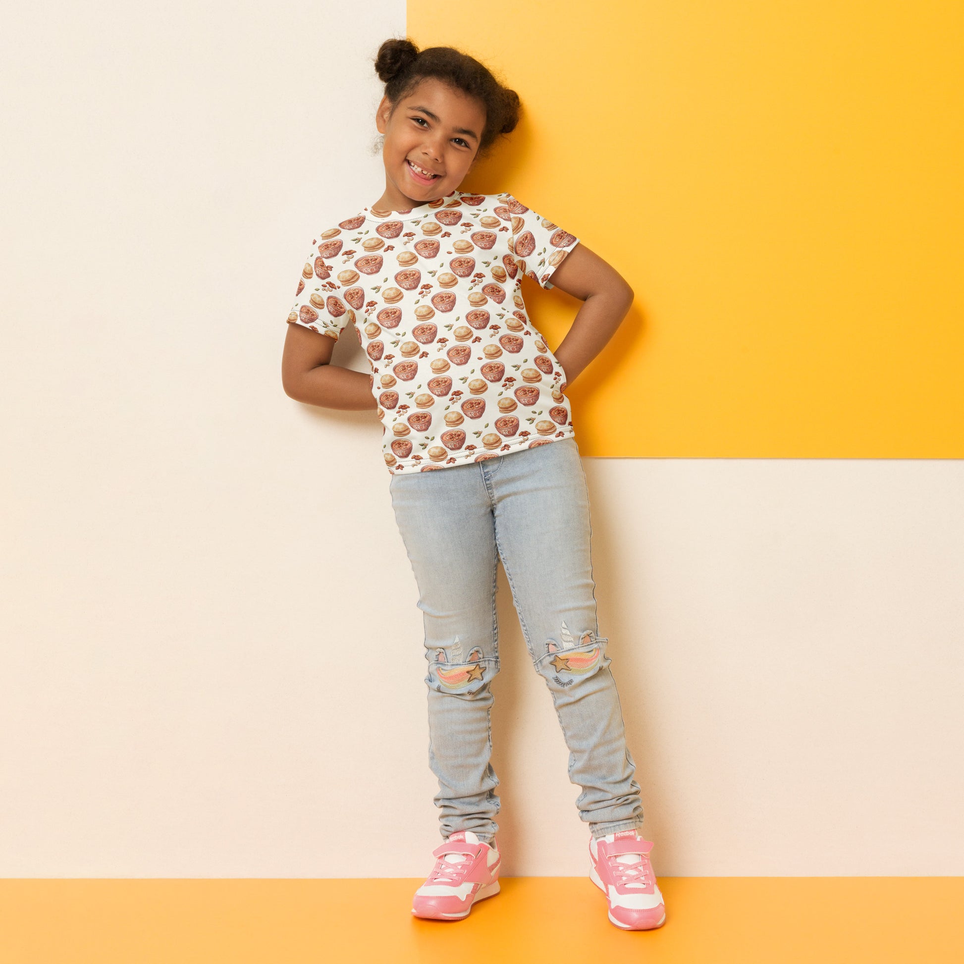 Model wearing halwa puri inspired kids tee