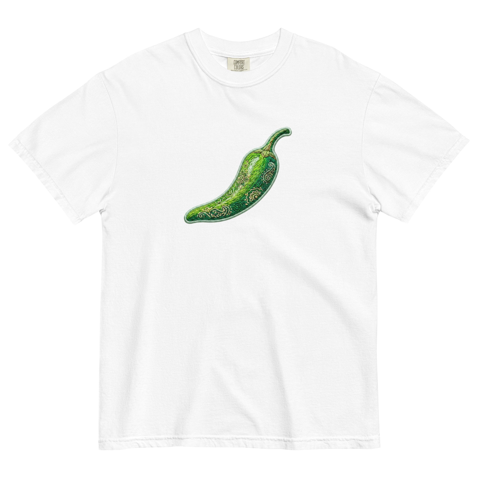 Front view of hari mirch inspired graphic tee
