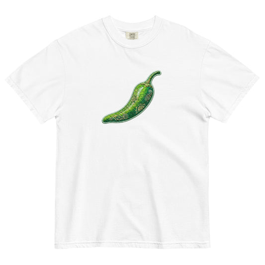 Front view of hari mirch inspired graphic tee