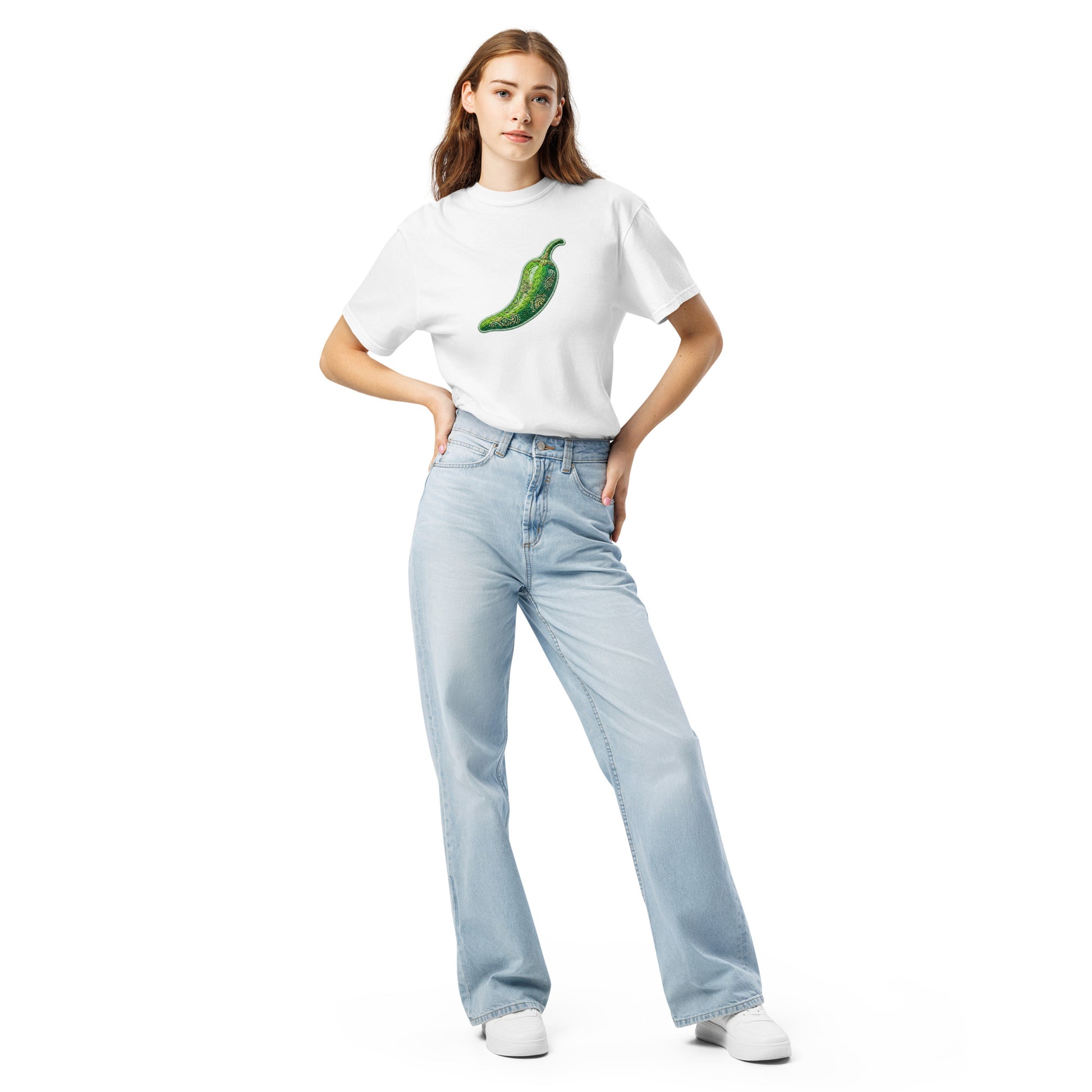 Model wearing hari mirch inspired graphic tee