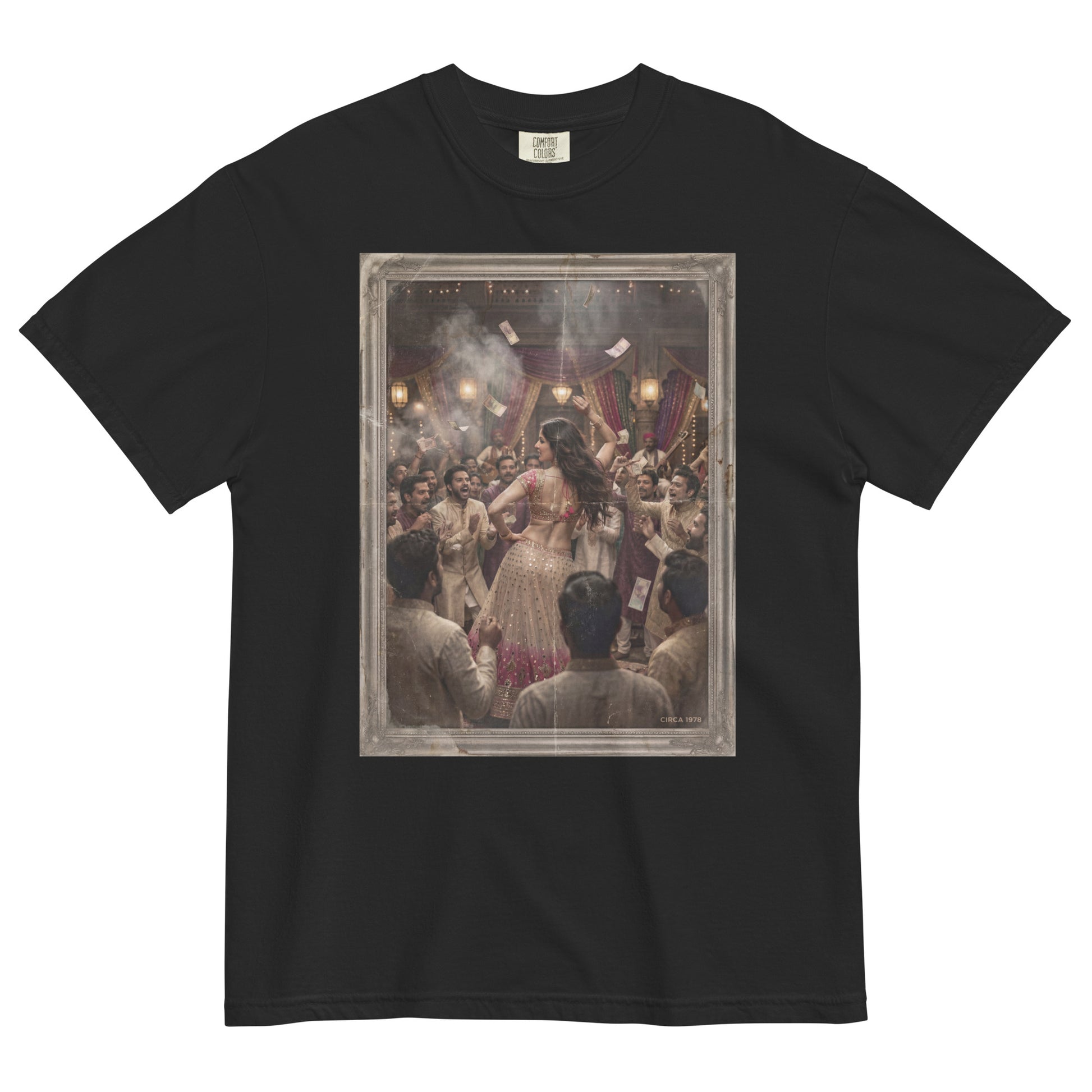 Front view of Bollywood item girl inspired poster tee