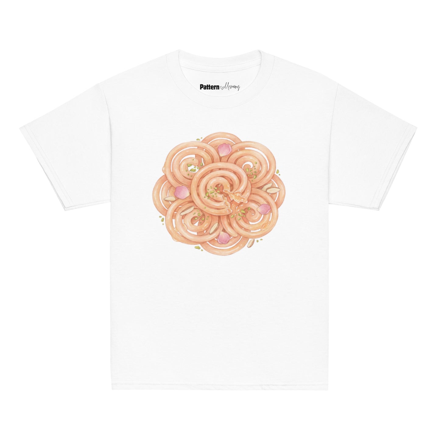 Front view of jalebi print youth tee