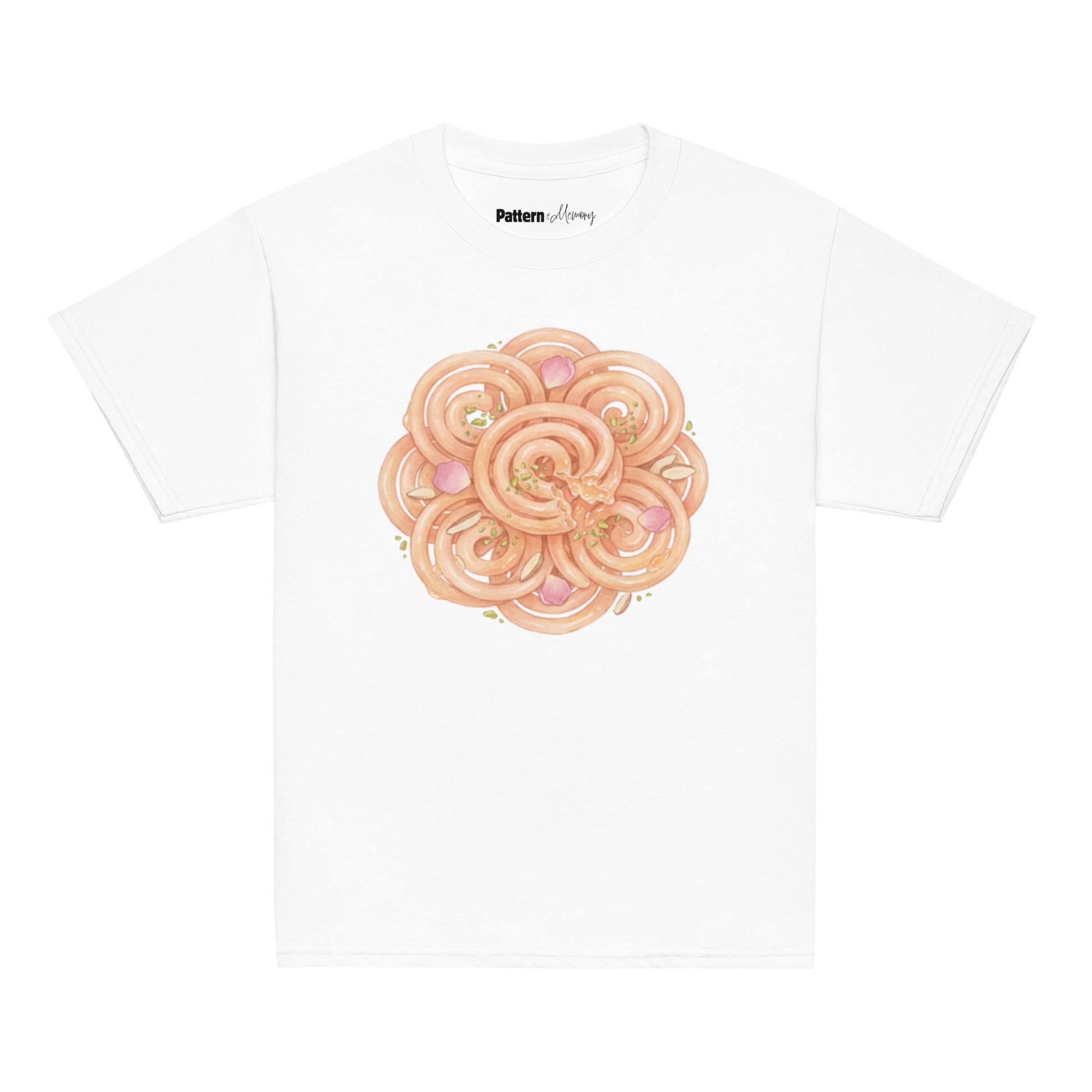 Front view of jalebi print youth tee