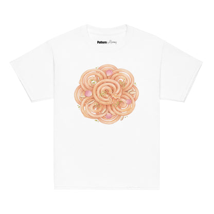Front view of jalebi print youth tee