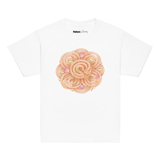 Front view of jalebi print youth tee
