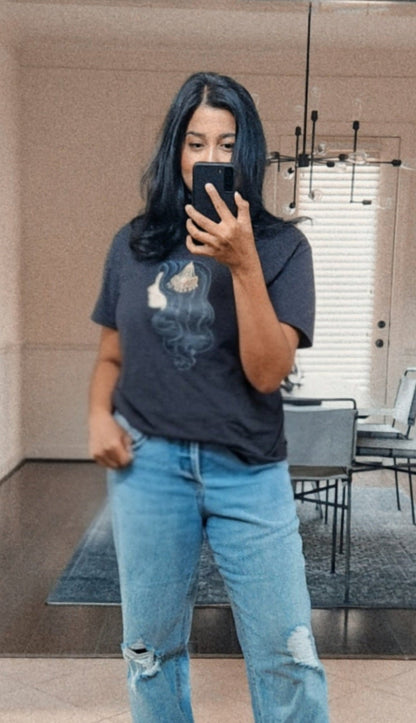 Model wearing jhoomar print graphic tee