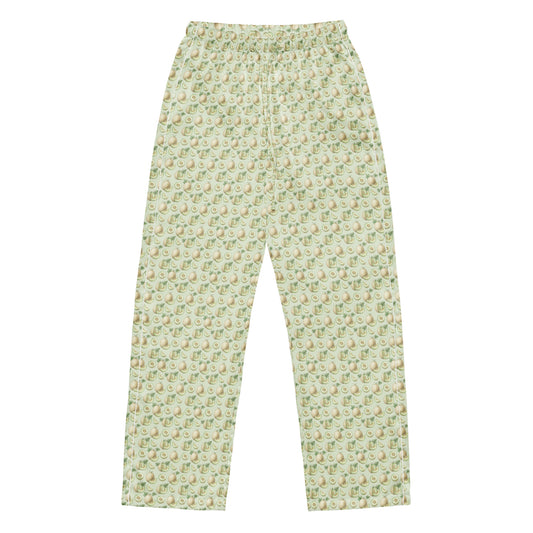 Front view of kharbooza honeydew melon fruit print pajama bottoms inspired by South Asian nostalgia and heritage