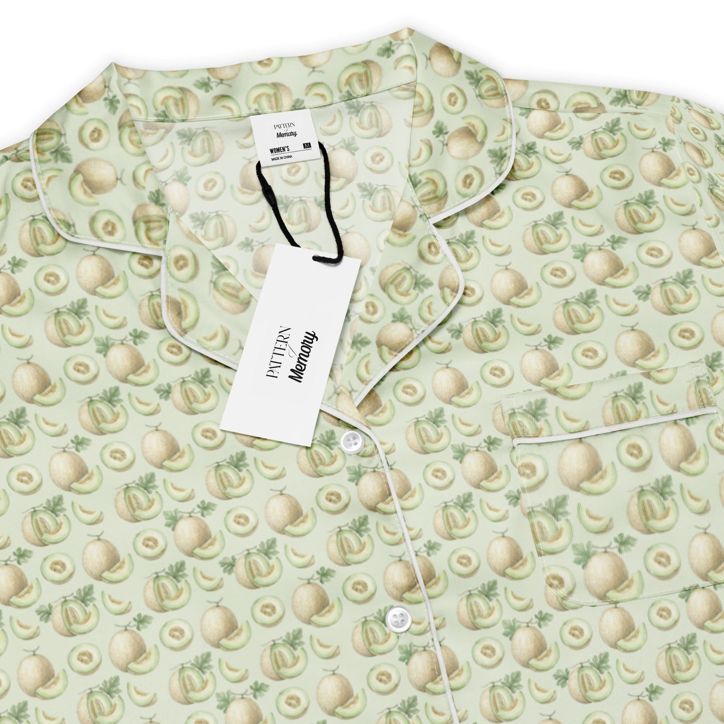 Closeup view of kharbooza honeydew melon fruit print pajama top inspired by South Asian nostalgia and heritage