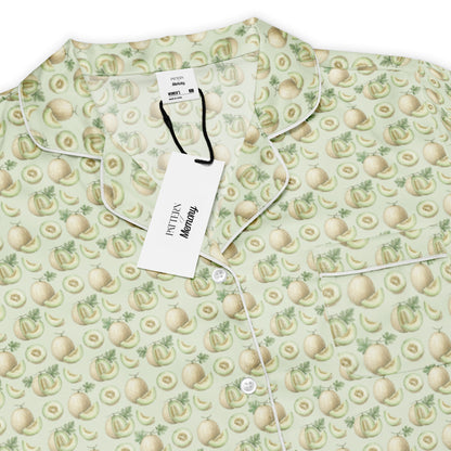 Closeup view of kharbooza honeydew melon fruit print pajama top inspired by South Asian nostalgia and heritage