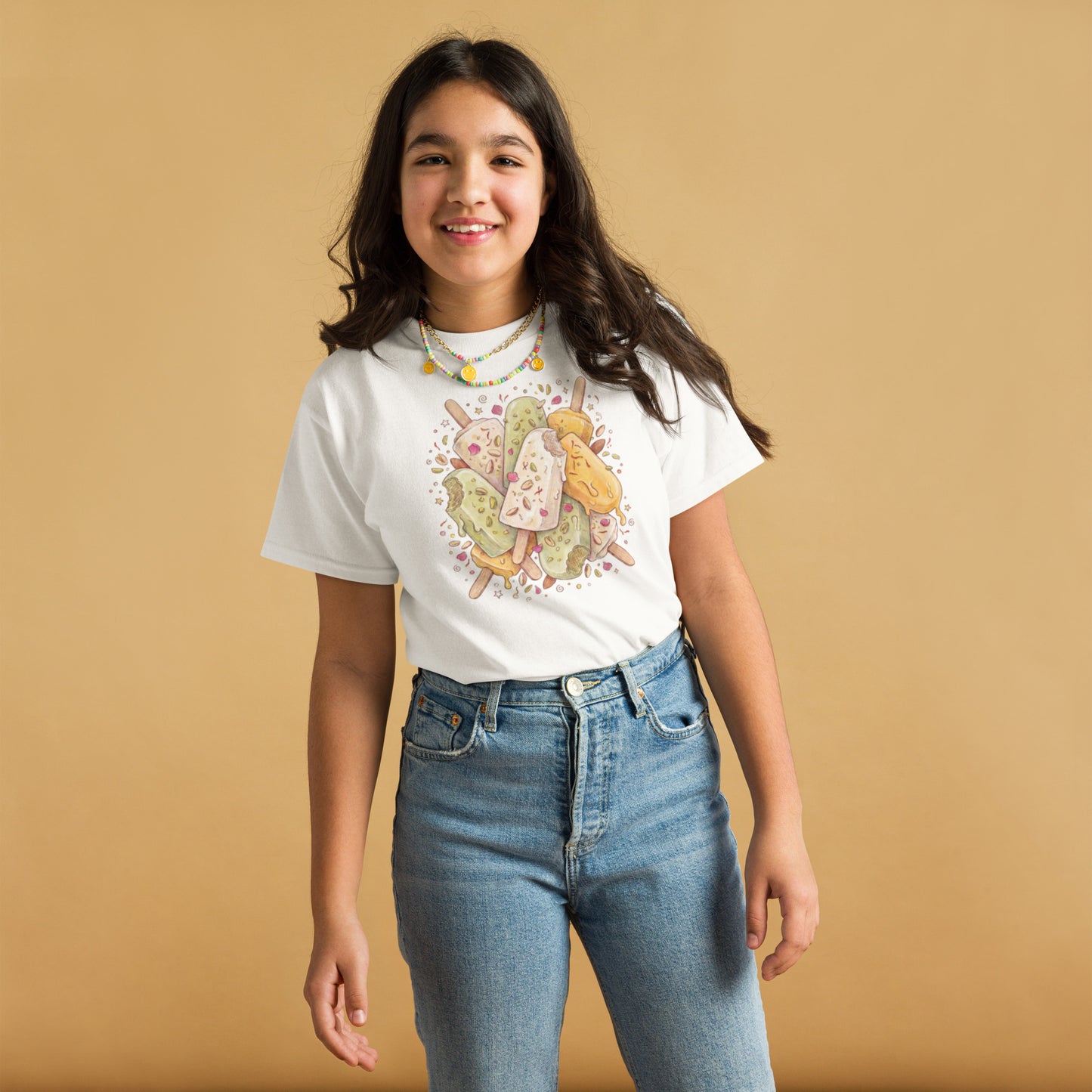 Model wearing kulfi print youth tee