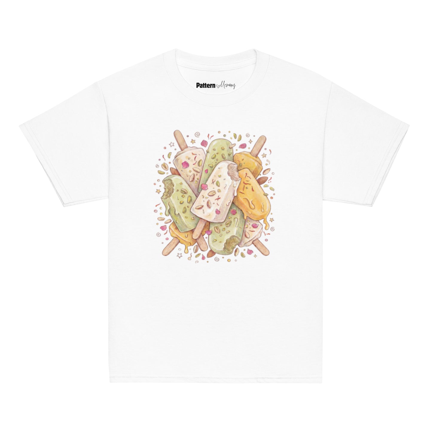 Front view of kulfi print youth tee