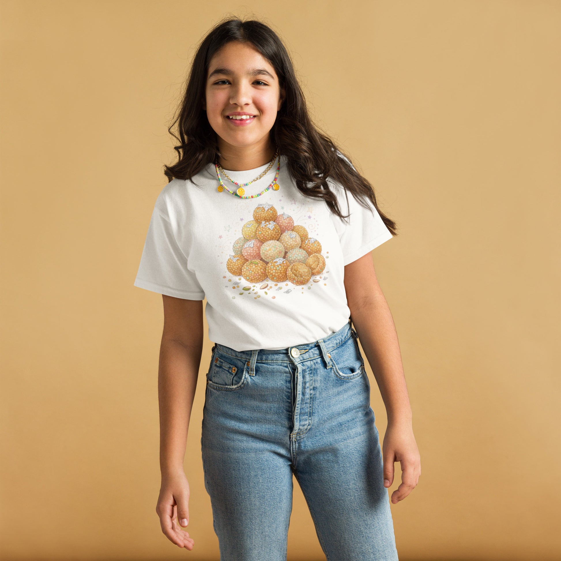 Model wearing ladoo inspired youth tee