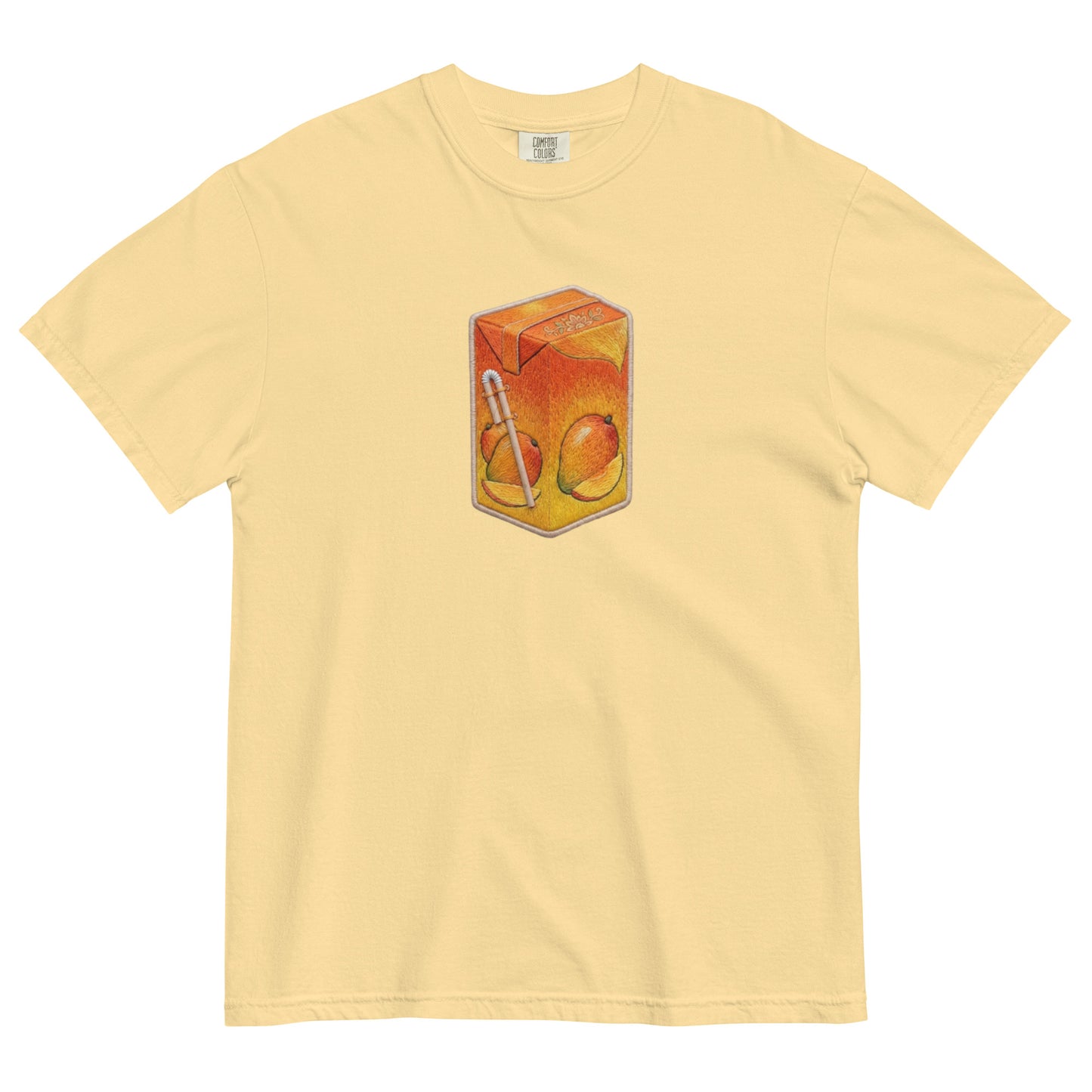 Front view of Maaza mango juice print graphic tee
