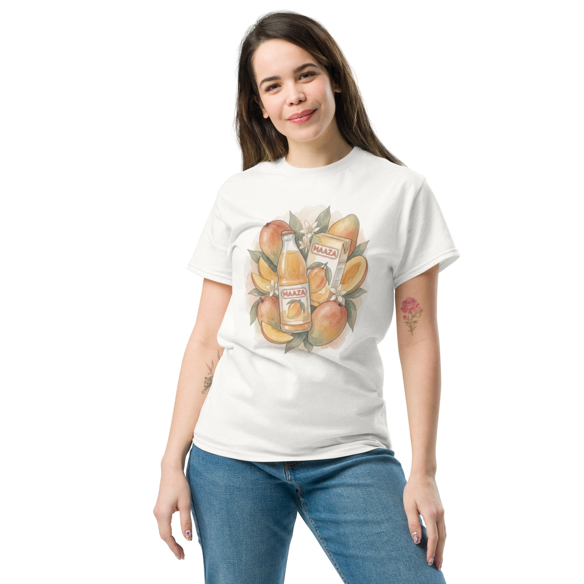 Model wearing Maaza mango juice print vintage tee