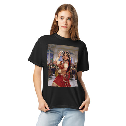 Model wearing Madhuri choli ke peeche inspired Bollywood poster tee