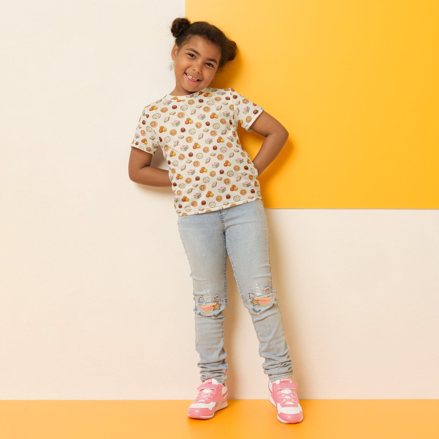 Model wearing mithai inspired kids tee