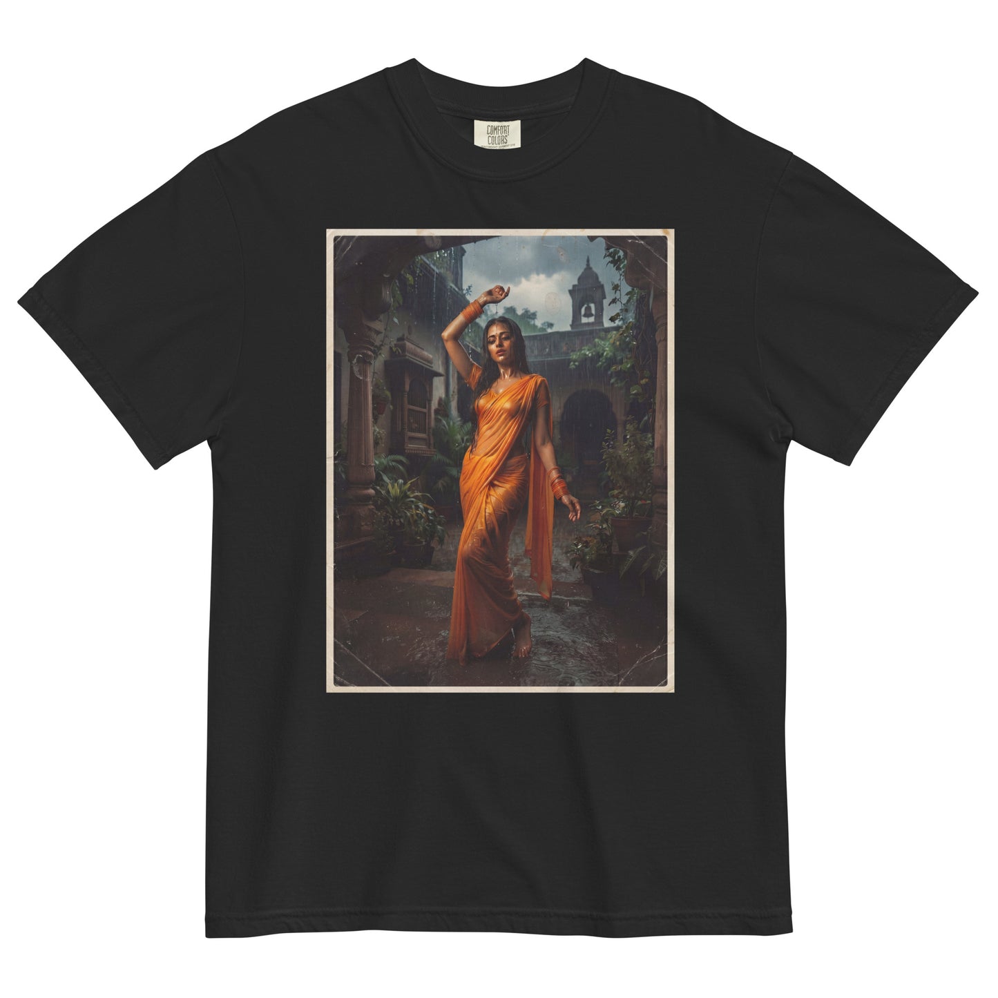 Front view of monsoon print Bollywood poster tee