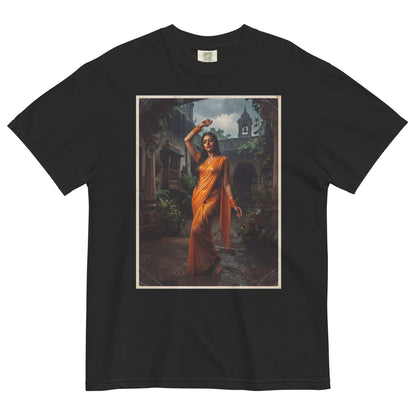 Front view of monsoon print Bollywood poster tee
