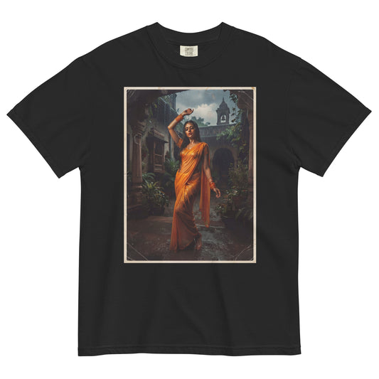 Front view of monsoon print Bollywood poster tee