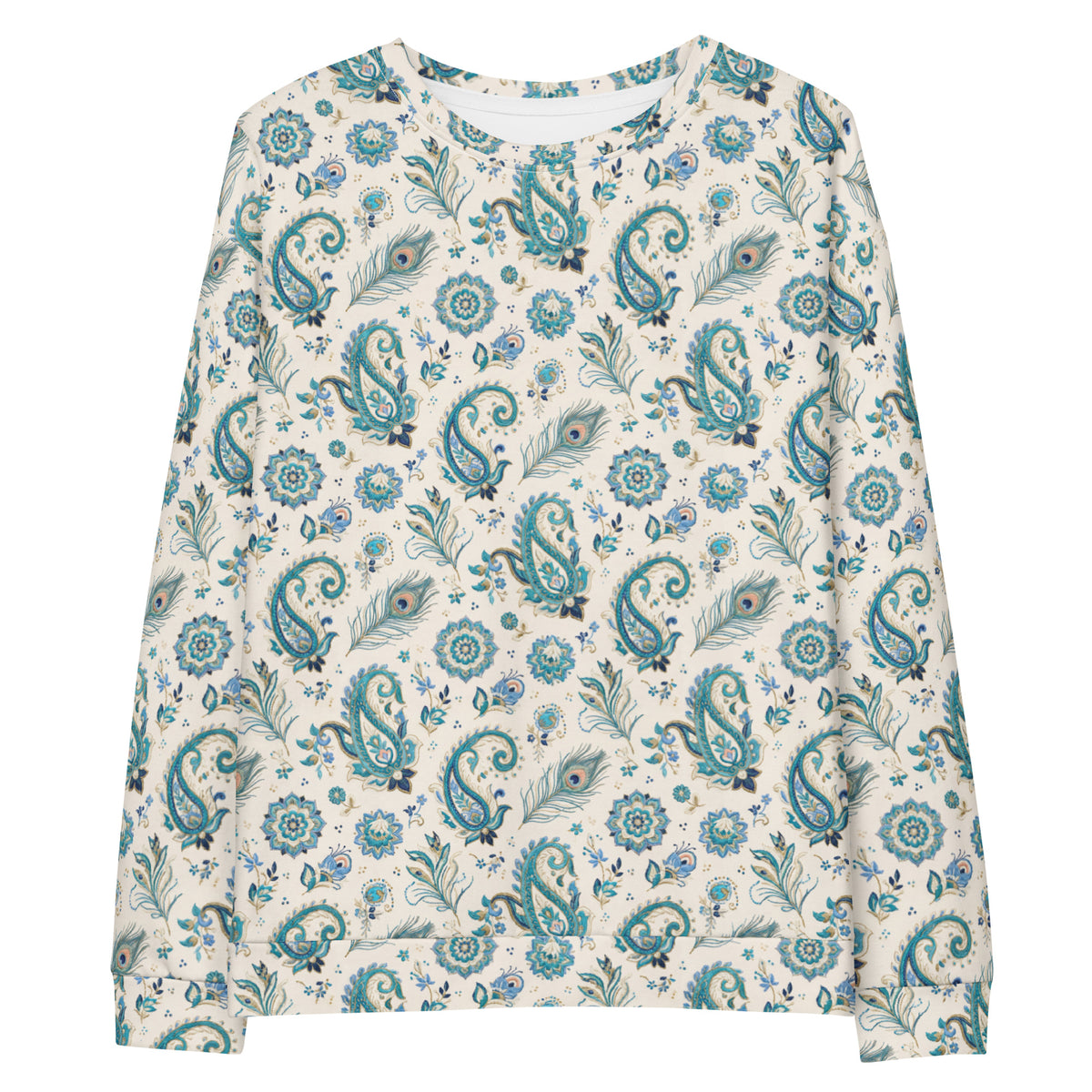 Front view of morni peacock print crewneck