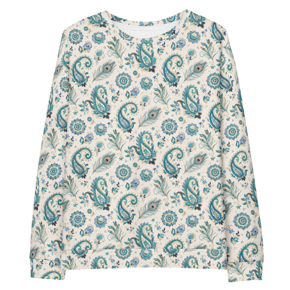 Front view of morni peacock print crewneck