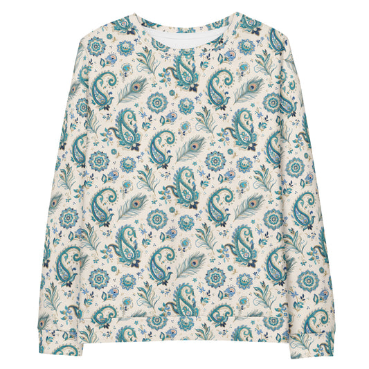 Front view of morni peacock print crewneck