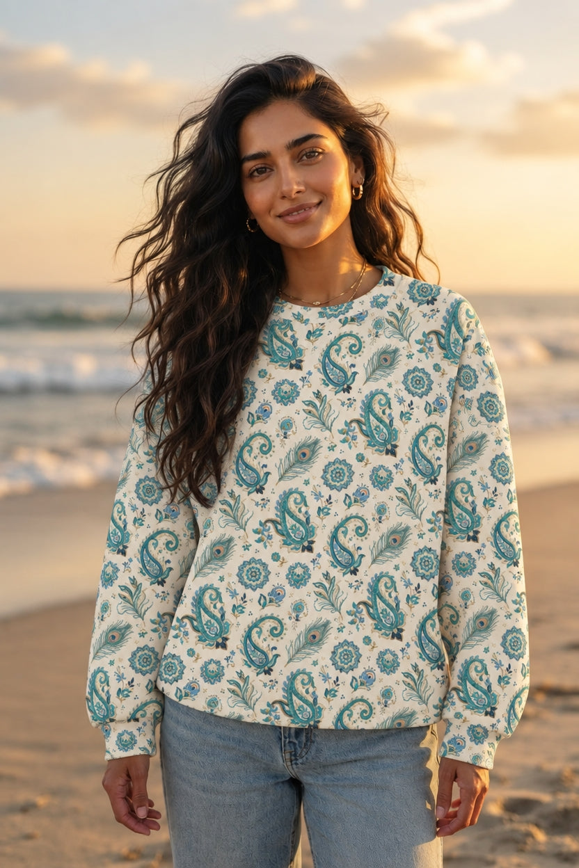 Model wearing morni peacock print crewneck