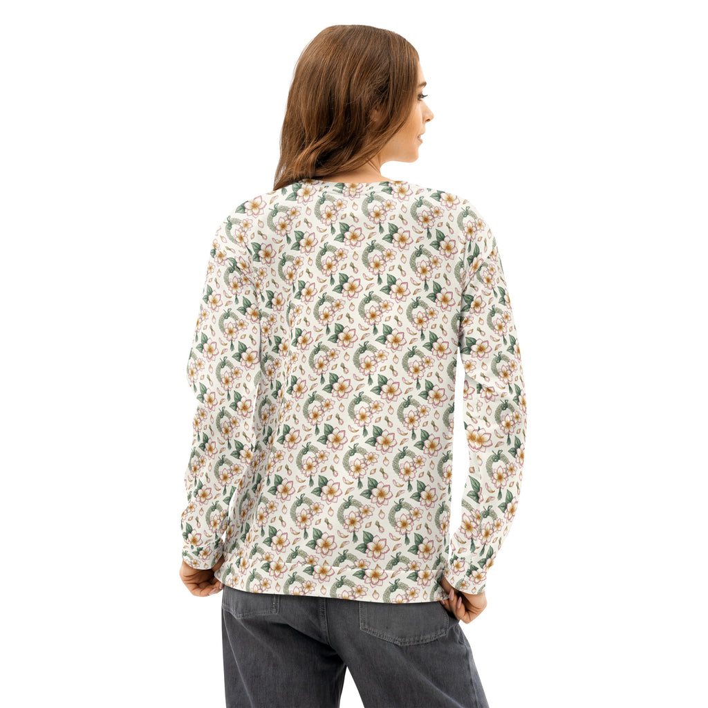 Model wearing motia print crewneck