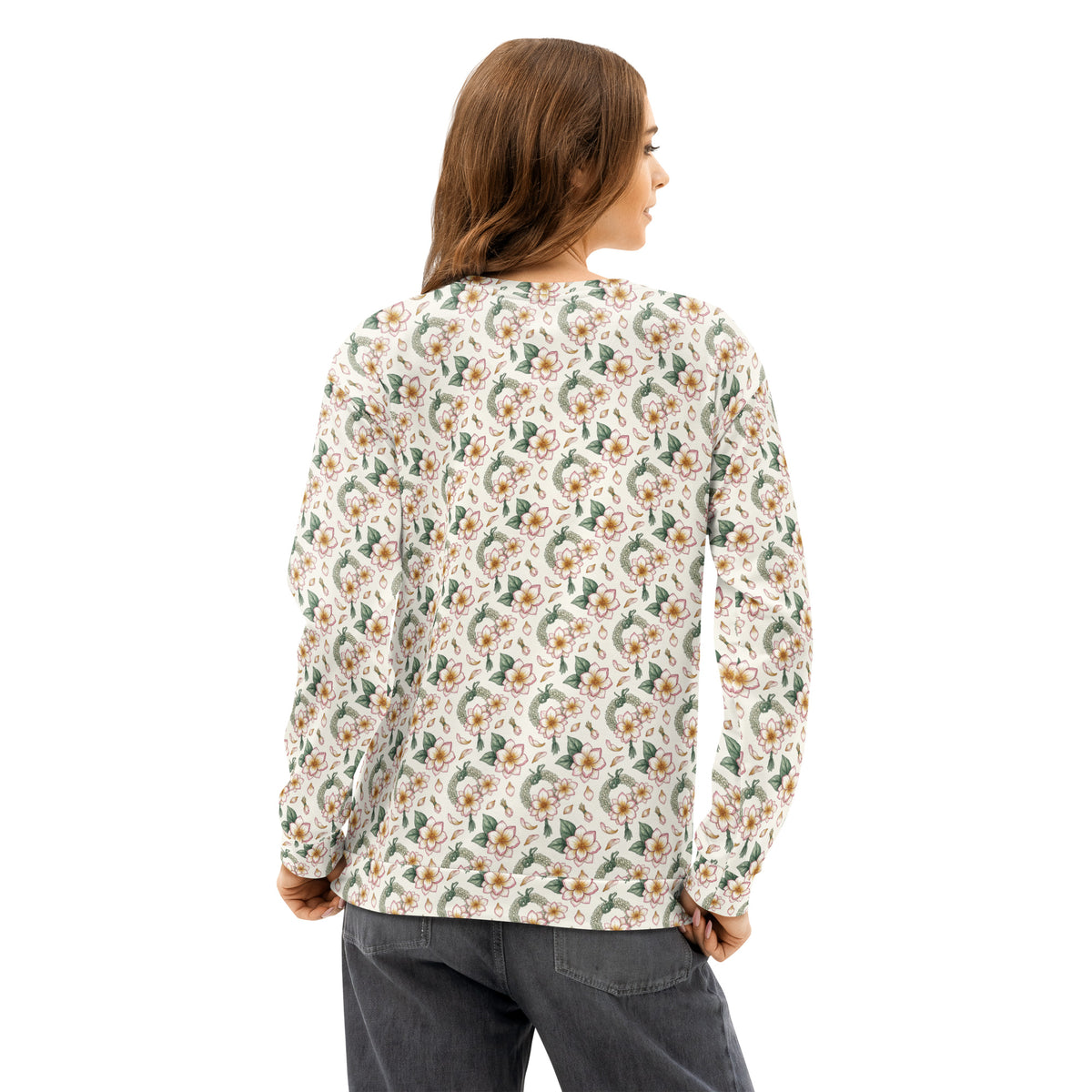 Model wearing motia print crewneck