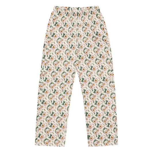 Front view of motia jasmine flower print pajama bottoms inspired by South Asian nostalgia and heritage