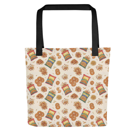 Front view of tote bag with namkeen salty fried Indian Pakistani snacks inspired print 