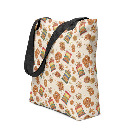 Side view of tote bag with namkeen salty fried Indian Pakistani snacks inspired print 