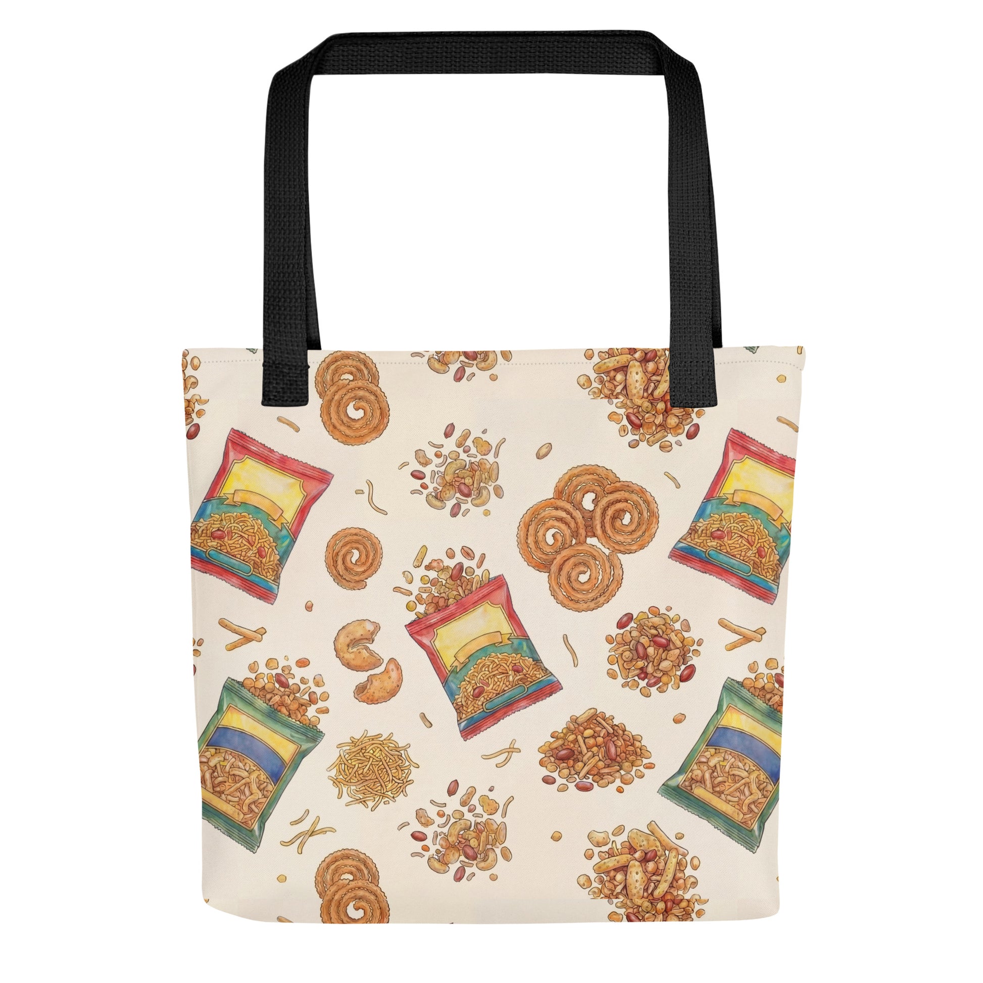 Front view of namkeen salty snacks inspired tote