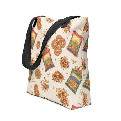 Side view of namkeen salty snacks inspired tote
