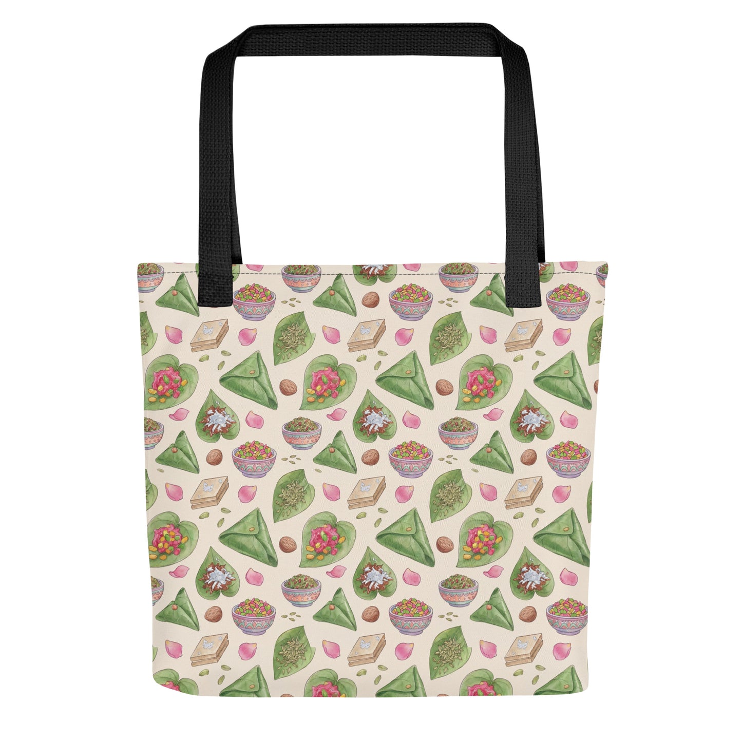 Front view of paan inspired tote bag
