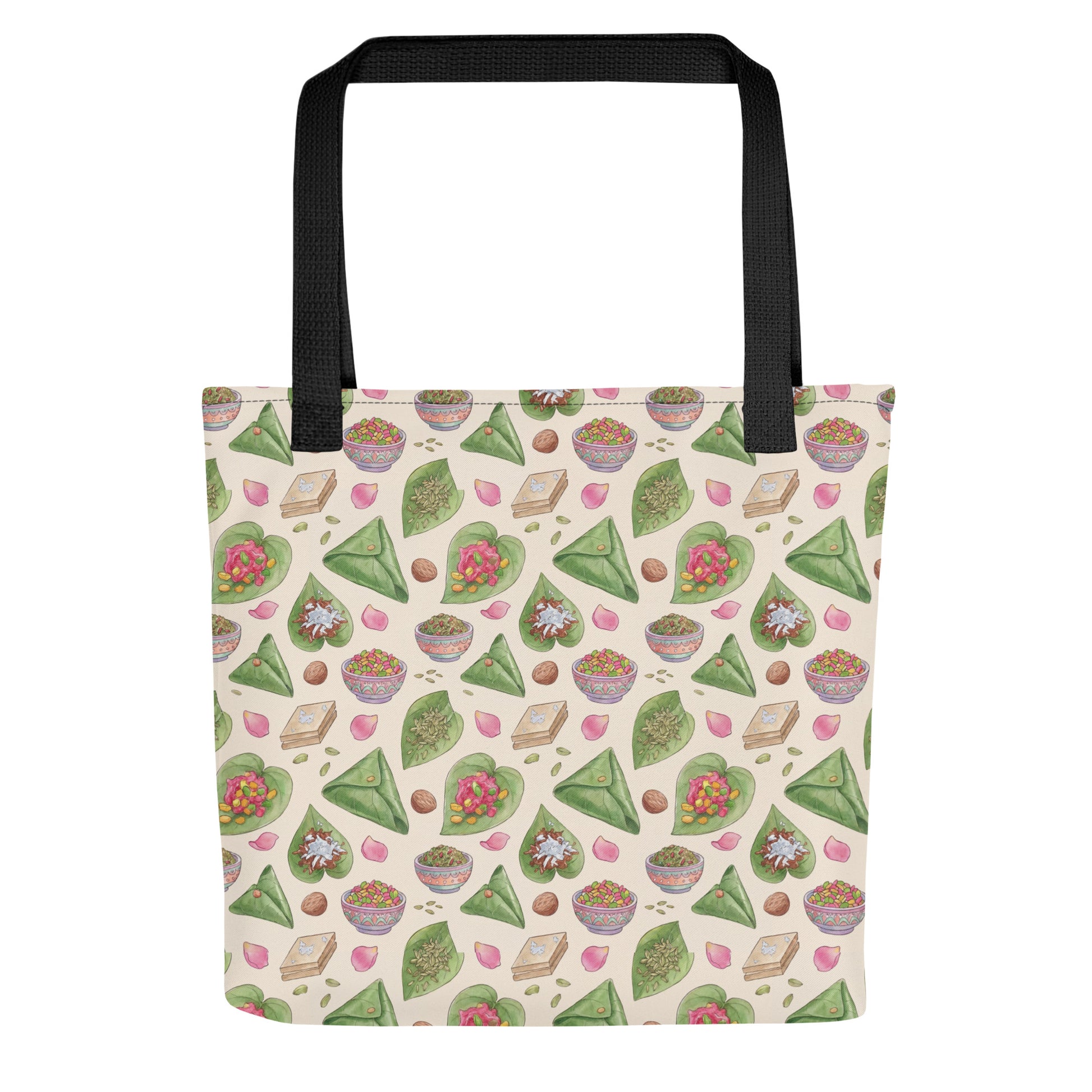 Front view of paan inspired tote bag