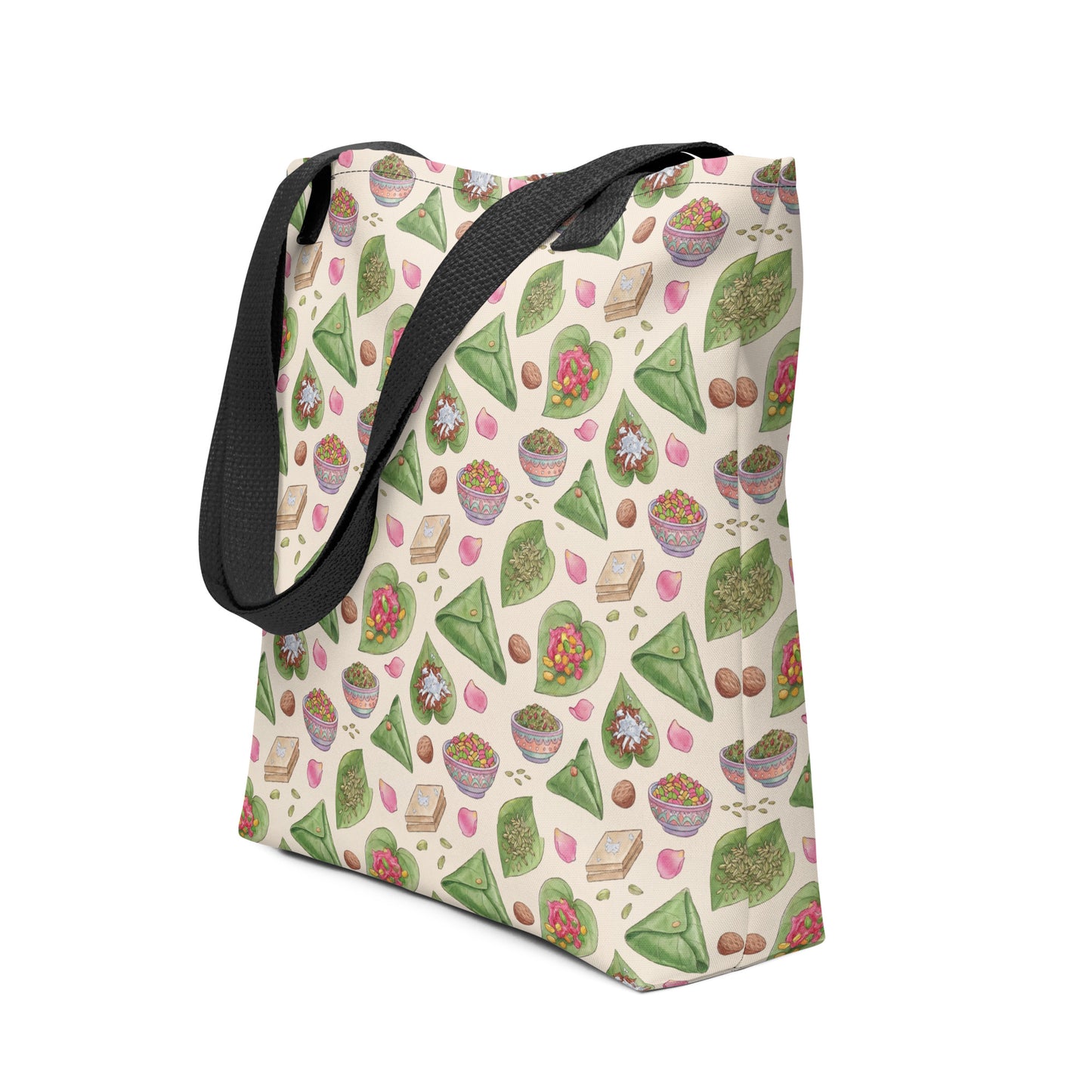 Side view of paan inspired tote bag
