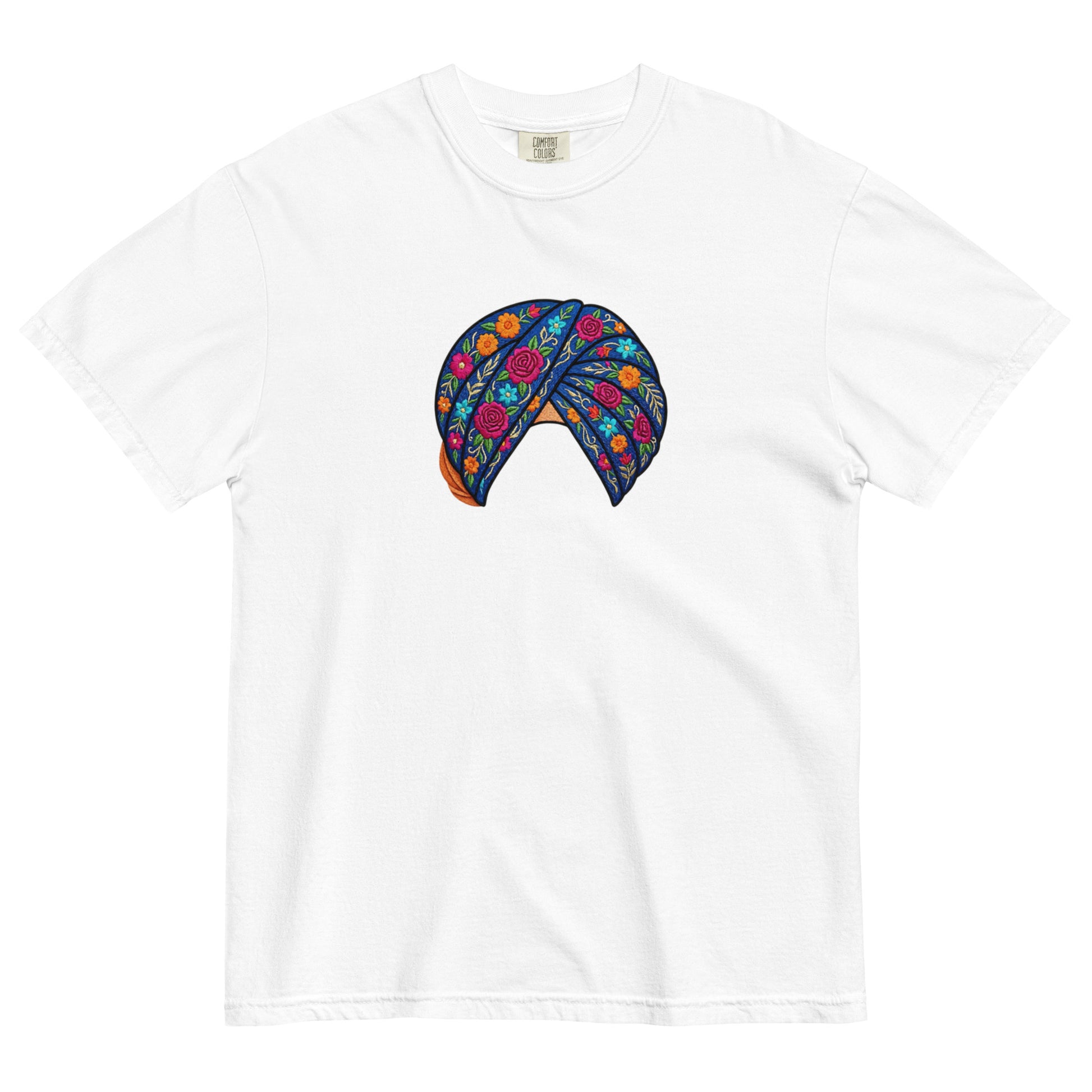 Front view of pagri print graphic tee