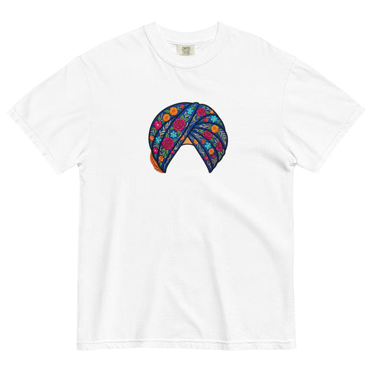 Front view of pagri print graphic tee
