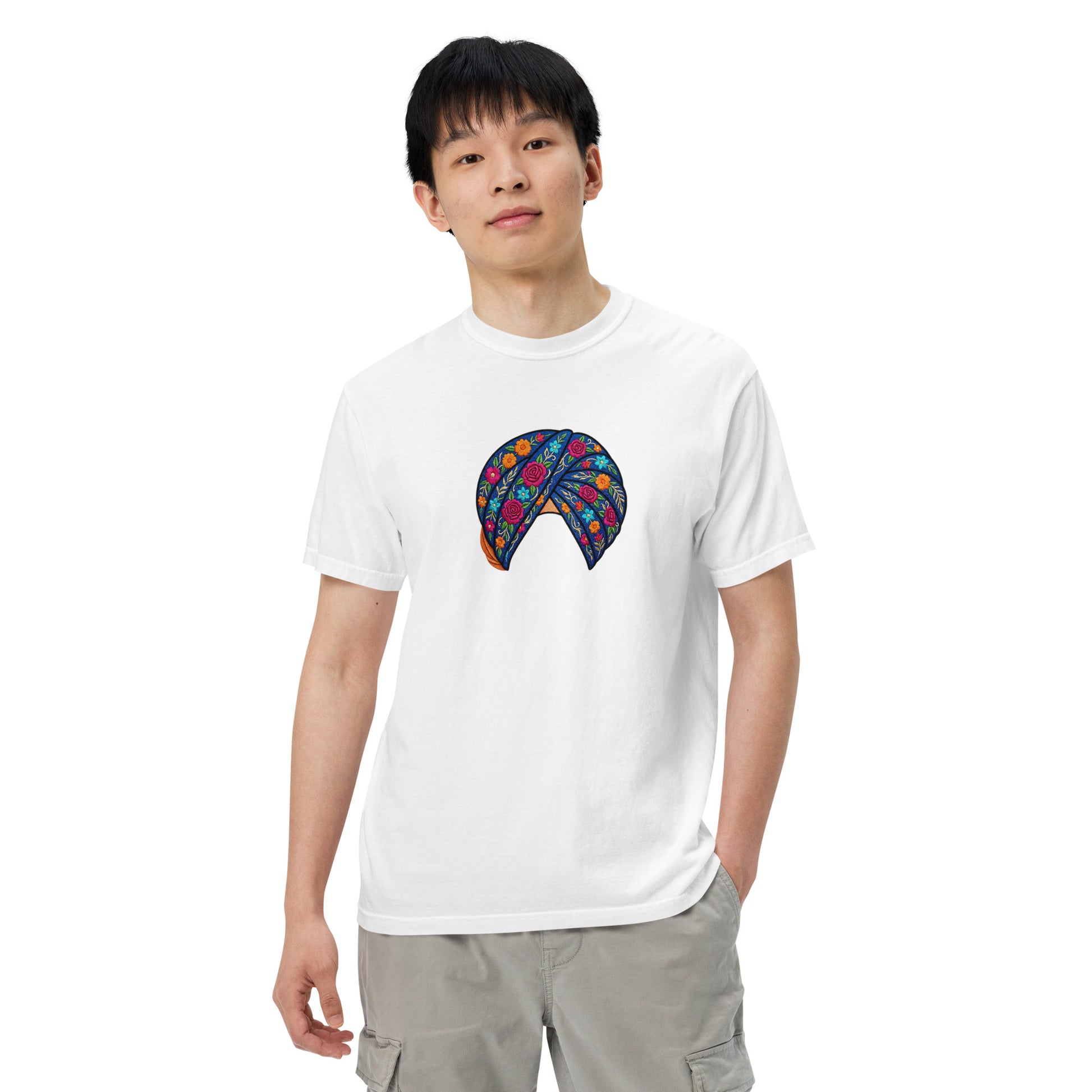 Model wearing pagri print graphic tee
