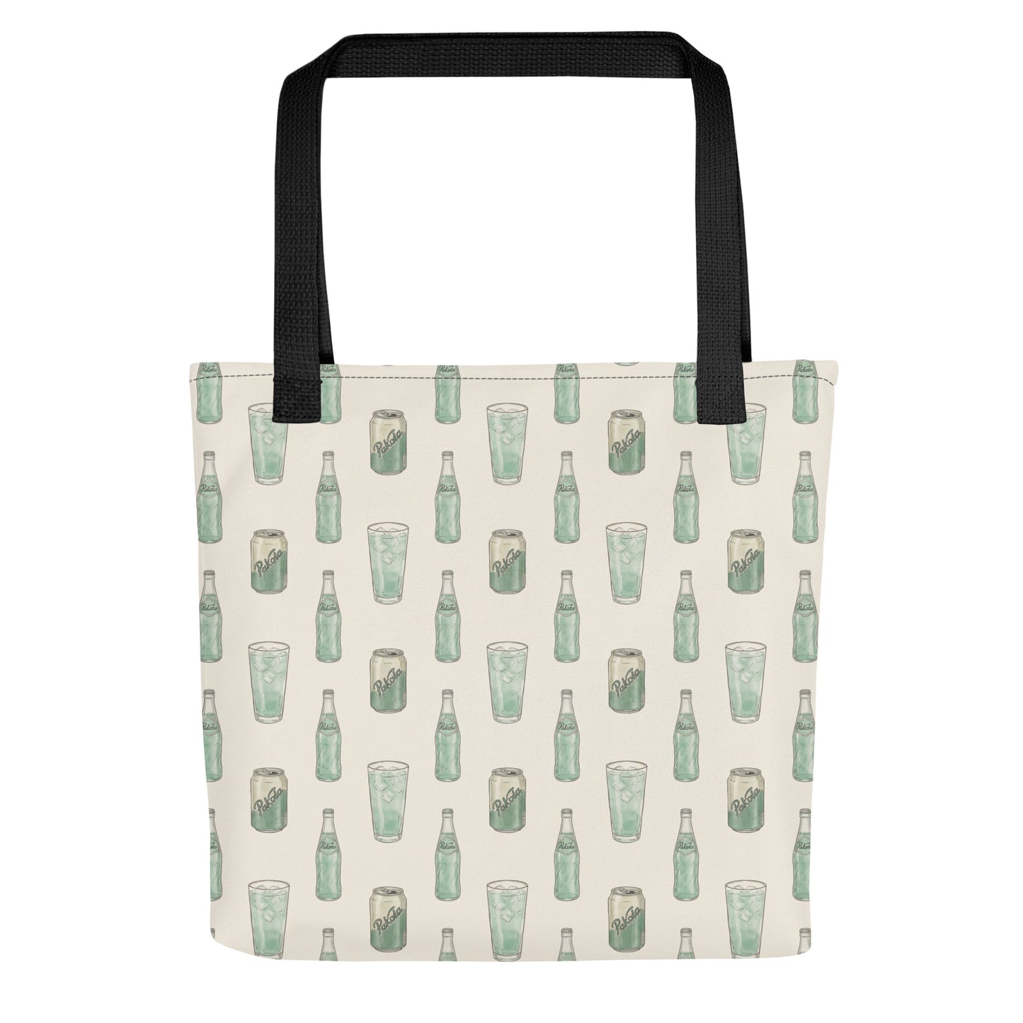 Front view of tote bag with Pakola Pakistani green soda inspired print 
