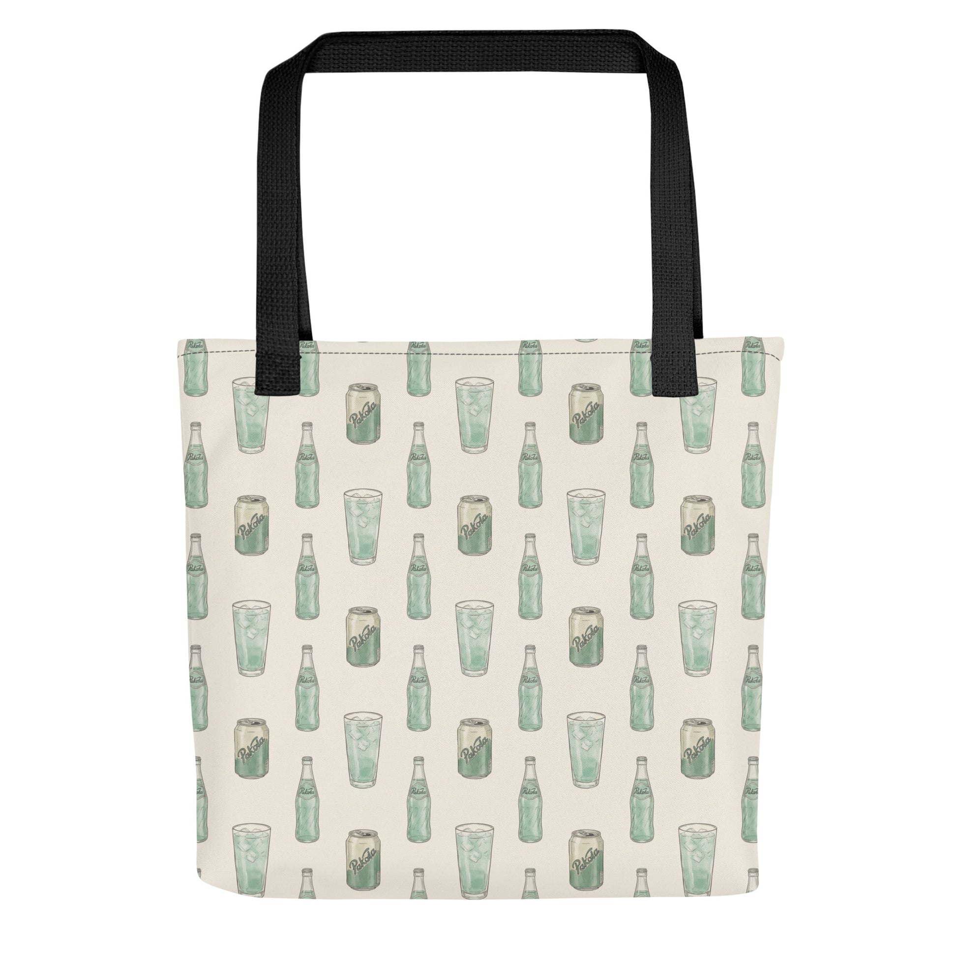 Front view of tote bag with Pakola Pakistani green soda inspired print 