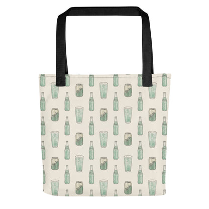 Front view of tote bag with Pakola Pakistani green soda inspired print 