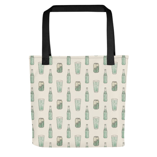Front view of tote bag with Pakola Pakistani green soda inspired print 