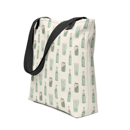 Side view of tote bag with Pakola Pakistani green soda inspired print 