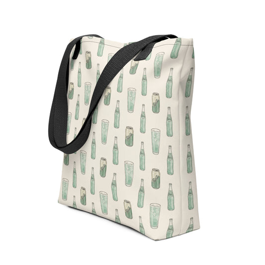 Side view of tote bag with Pakola Pakistani green soda inspired print 