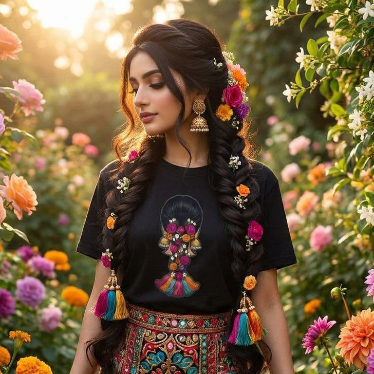 Model wearing paranda inspired graphic tee