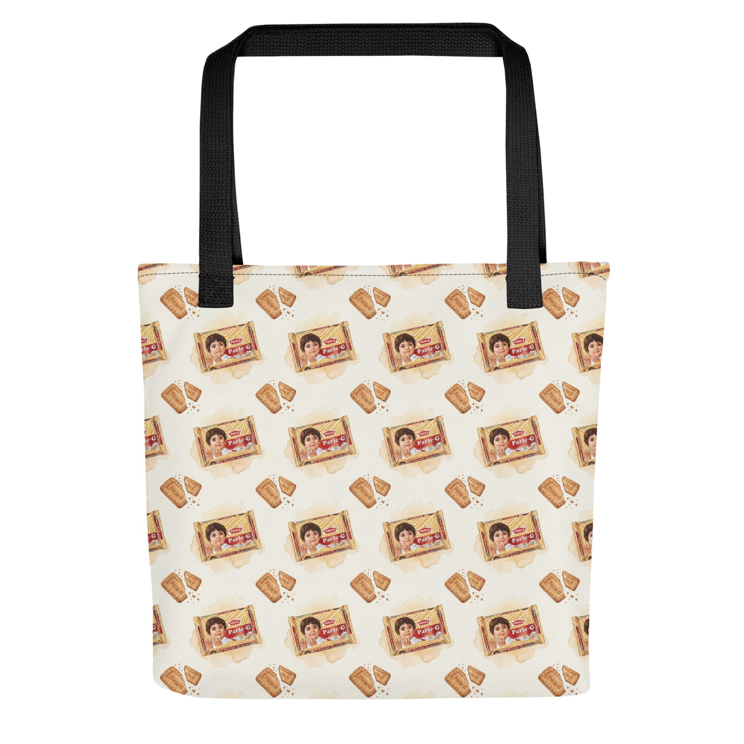Front view of tote bag with Parle G biscuit cookie inspired print 