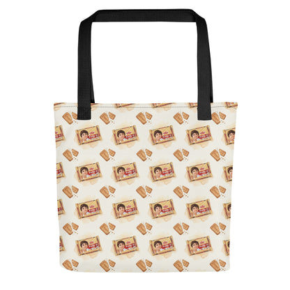 Front view of tote bag with Parle G biscuit cookie inspired print 