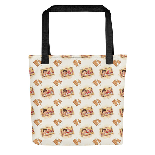 Front view of tote bag with Parle G biscuit cookie inspired print 